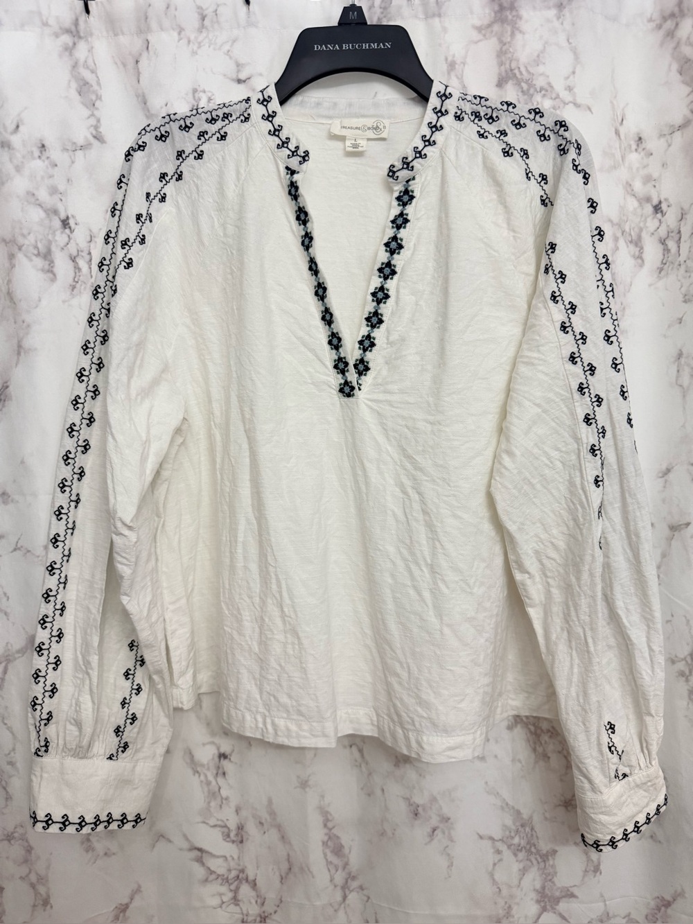 Treasure & Bond Embroidered V-Neck Peasant Blouse in White with Black Detail